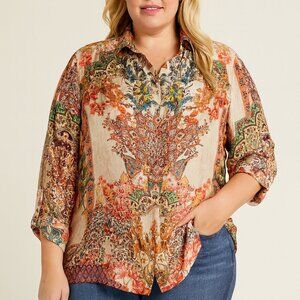 CIENNA Silk Blend Long Sleeve Button Front Blouse Floral Tan/Orange Size XL